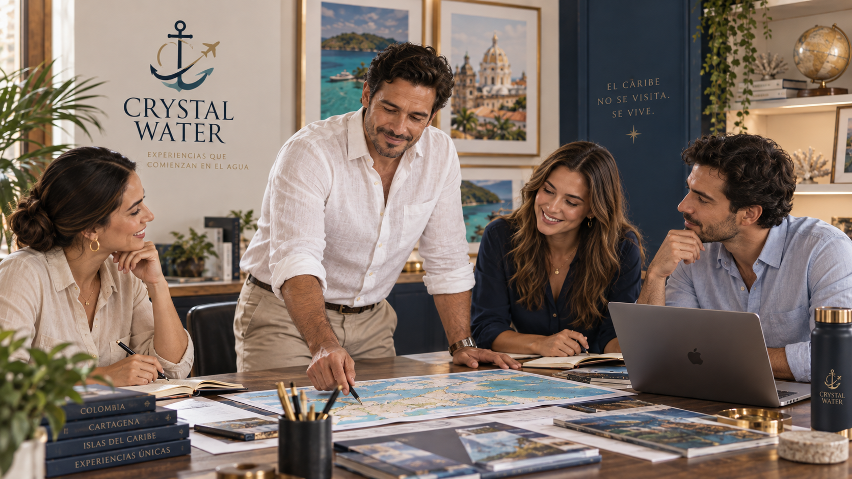 Equipo de turismo planificando experiencias alrededor de una mesa.